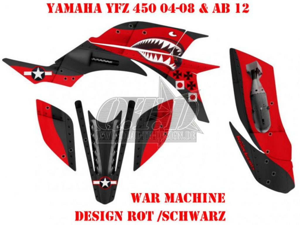 War Machine Hintergrund = Schwarz, Designfarbe = Rot für Yamaha YFZ 450 2004-2008 & 2012-2014